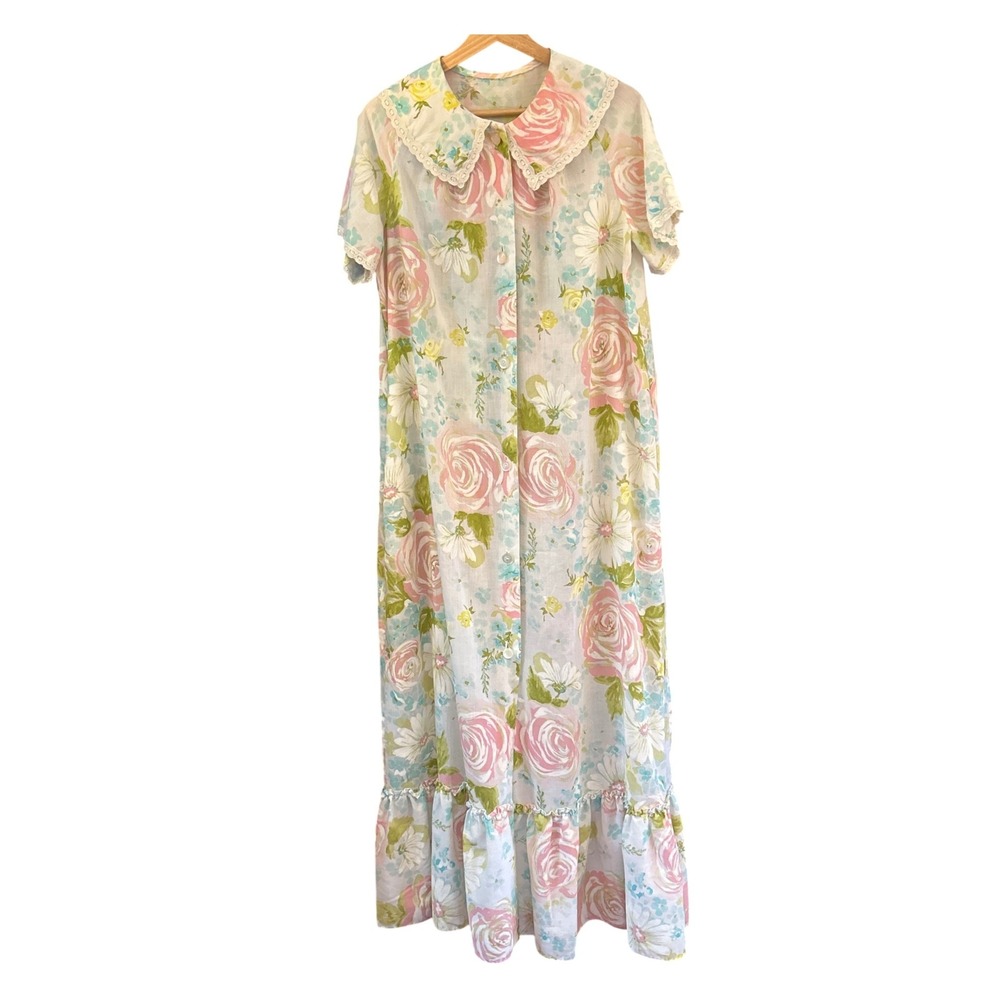 70s Romantic Spring Floral Cottagecore Grandmacore Housecoat Dress Coquette